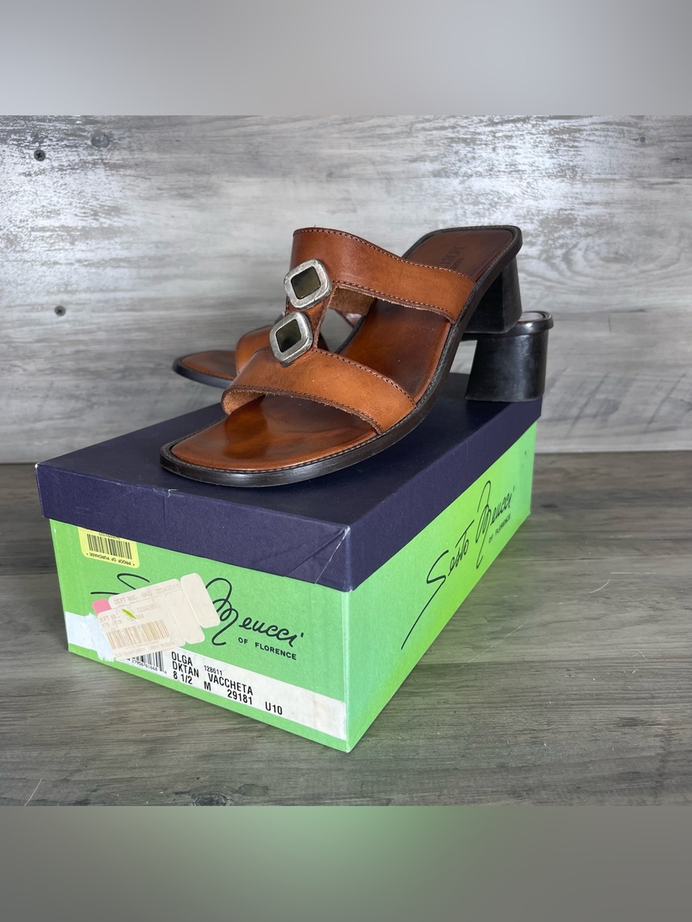 Sesto Meucci Womens 8.5 Cognac Leather Strap Heeled Square Toe Sandals W/ Box